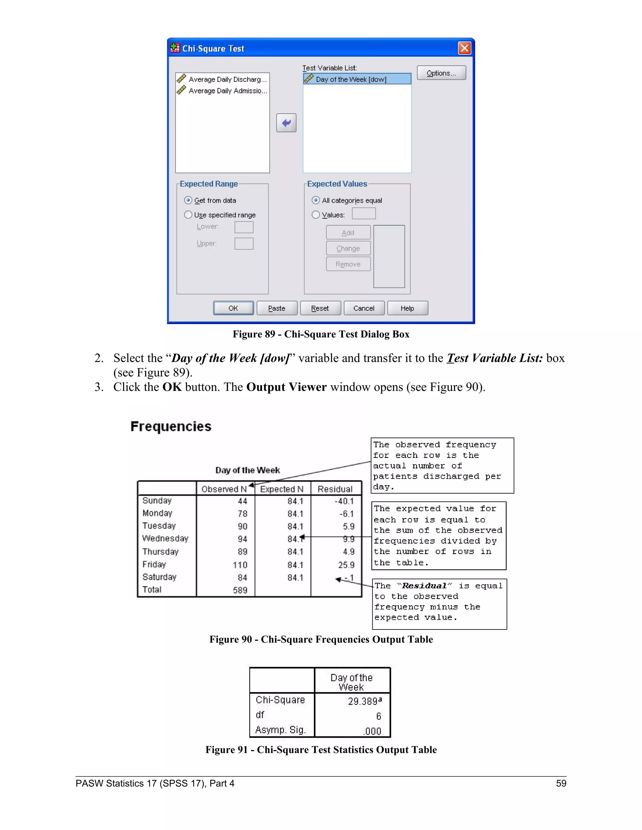 Figure 89 - Chi-Square Test Dialog Box

    2. Select the “Day of the Week [dow]” variable and transfer it to the Test Variable List: box
       (see Figure 89).
    3. Click the OK button. The Output Viewer window opens (see Figure 90).




                              Figure 90 - Chi-Square Frequencies Output Table




                             Figure 91 - Chi-Square Test Statistics Output Table


PASW Statistics 17 (SPSS 17), Part 4                                                           59
 