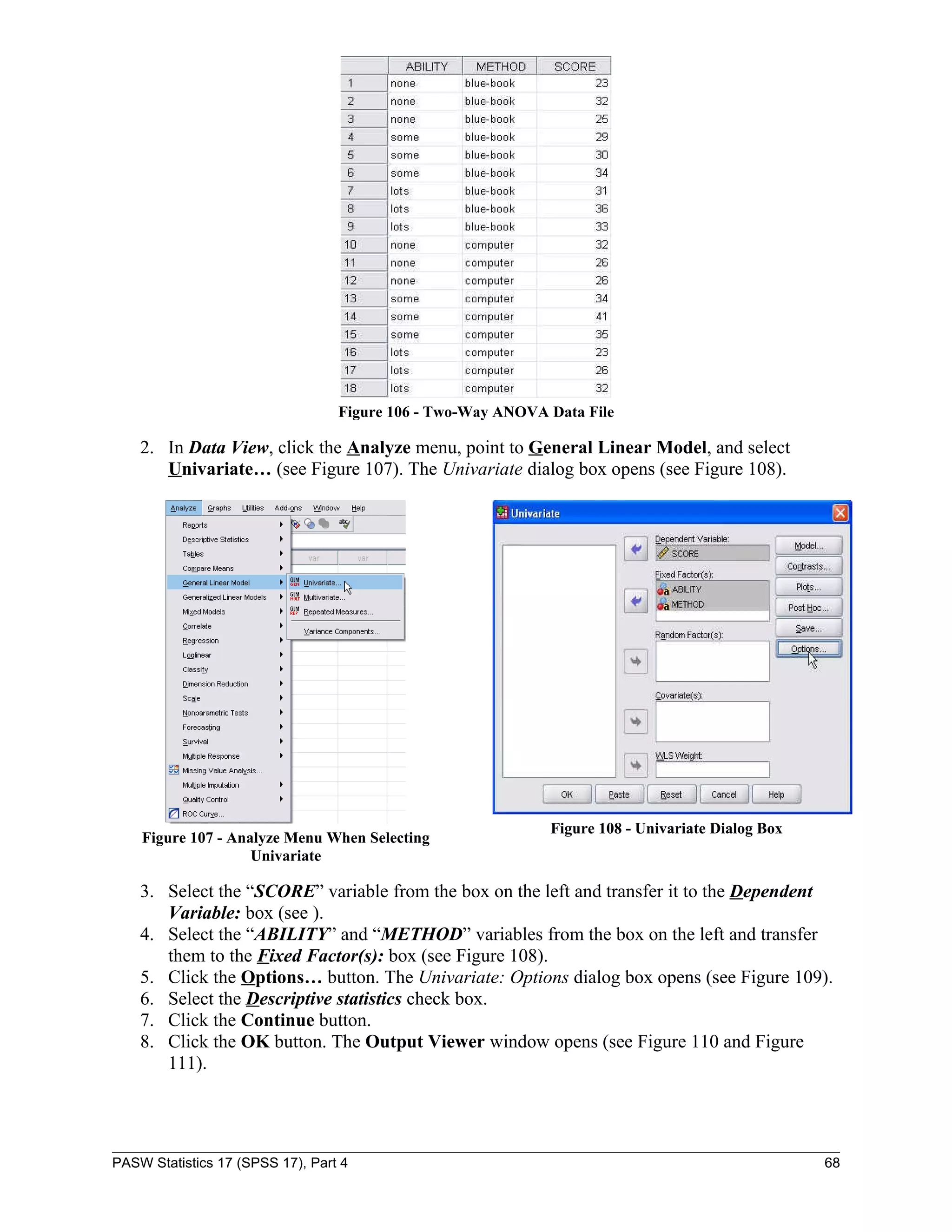 Figure 106 - Two-Way ANOVA Data File

    2. In Data View, click the Analyze menu, point to General Linear Model, and select
       Univariate… (see Figure 107). The Univariate dialog box opens (see Figure 108).




                                                             Figure 108 - Univariate Dialog Box
    Figure 107 - Analyze Menu When Selecting
                    Univariate

    3. Select the “SCORE” variable from the box on the left and transfer it to the Dependent
       Variable: box (see ).
    4. Select the “ABILITY” and “METHOD” variables from the box on the left and transfer
       them to the Fixed Factor(s): box (see Figure 108).
    5. Click the Options… button. The Univariate: Options dialog box opens (see Figure 109).
    6. Select the Descriptive statistics check box.
    7. Click the Continue button.
    8. Click the OK button. The Output Viewer window opens (see Figure 110 and Figure
       111).




PASW Statistics 17 (SPSS 17), Part 4                                                              68
 