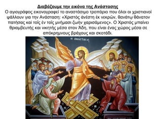 Διαβάζουμε την εικόνα της Ανάστασης
Ο αγιογράφος εικονογραφεί το αναστάσιμο τροπάριο που όλοι οι χριστιανοί
ψάλλουν για την Ανάσταση: «Χριστ ς νέστη κ νεκρ ν, θανάτ θάνατονὸ ἀ ἐ ῶ ῳ
πατήσας κα το ς ν το ς μνήμασι ζω ν χαρισάμενος». Ο Χριστός μπαίνειὶ ῖ ἐ ῖ ὴ
θριαμβευτής και νικητής μέσα στον Άδη, που είναι ένας χώρος μέσα σε
απόκρημνους βράχους και σκοτάδι.
 