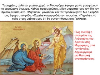 Ταραγμένες αλλά και γεμάτες χαρά, οι Μυροφόρες έφυγαν για να μεταφέρουν
το χαρούμενο άγγελμα. Καθώς προχωρούσαν, είδαν μπροστά τους τον ίδιο τον
Χριστό αναστημένο. Πλησίασαν, γονάτισαν και τον προσκύνησαν. Μα η καρδιά
τους έτρεμε από φόβο. «Χαρείτε και μη φοβάστε», τους είπε. «Πηγαίνετε να
πείτε στους μαθητές μου ότι θα συναντηθούμε στη Γαλιλαία».
Πώς συνέβη η
αναγγελία της
Ανάστασης του
Χριστού στις
Μυροφόρες από
τον άγγελο;
Δημιουργούμε
μια θεατρική
αναπαράσταση.
 