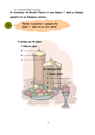 Δρ. Αναστασία Σάββα Γεωργιάδου
31
Οι νοικοκυρές την Μεγάλη Πέμπτη το πρωί βάφουν τ' αβγά με διάφορα
χρώματα και με διάφορους τρόπους.
29
Ρώτησε τη μανούλα τι χρώματα θα
βάψει τ΄ αβγά και με ποιο τρόπο!
Η μητέρα μου θα βάψει:
Κόκκινα αβγά
----------------
----------------
----------------
Θα χρησιμοποιήσει:
βαφές αβγών
----------------
----------------
----------------
----------------
 