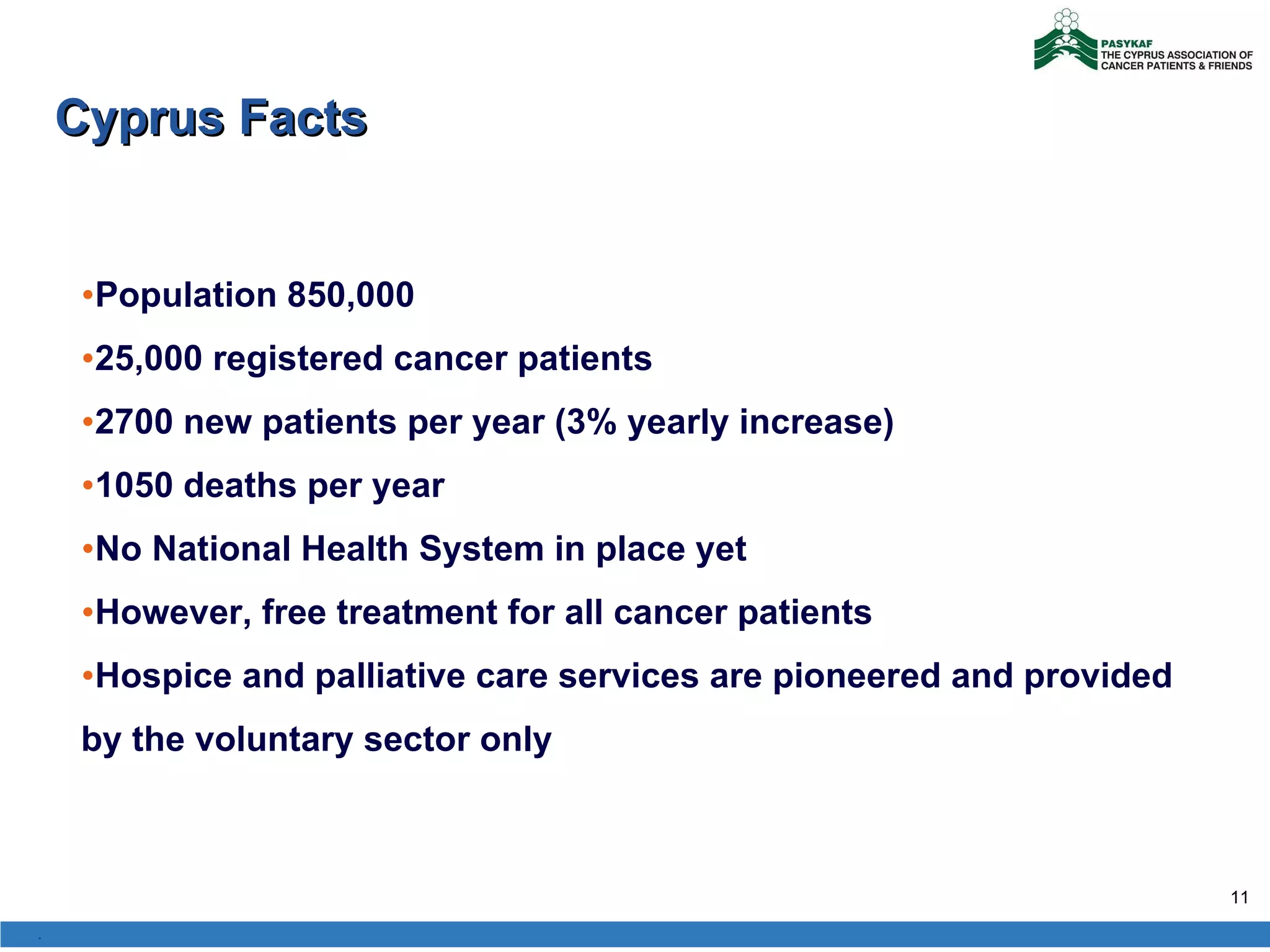 Cyprus Facts  Population 850,000 25,000 registered cancer patients 2700 new patients per year (3% yearly increase) 1050 deaths per year  No National Health System in place yet However, free treatment for all cancer patients  Hospice and palliative care services are pioneered and provided by the voluntary sector only . 