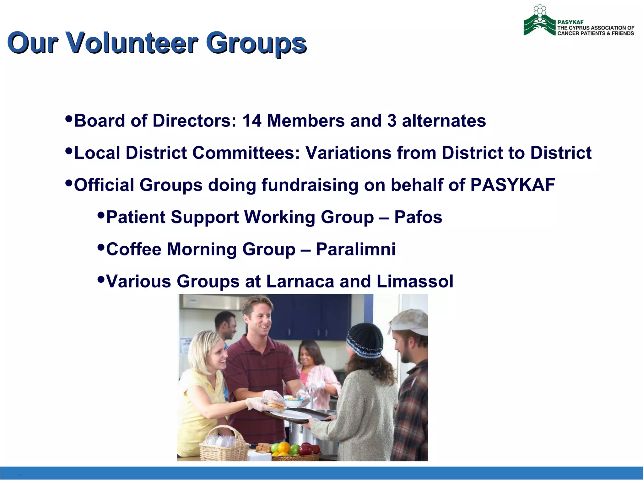 Our Volunteer Groups Board of Directors: 14 Members and 3 alternates Local District Committees: Variations from District to District  Official Groups doing fundraising on behalf of PASYKAF Patient Support Working Group – Pafos  Coffee Morning Group – Paralimni  Various Groups at Larnaca and Limassol . 