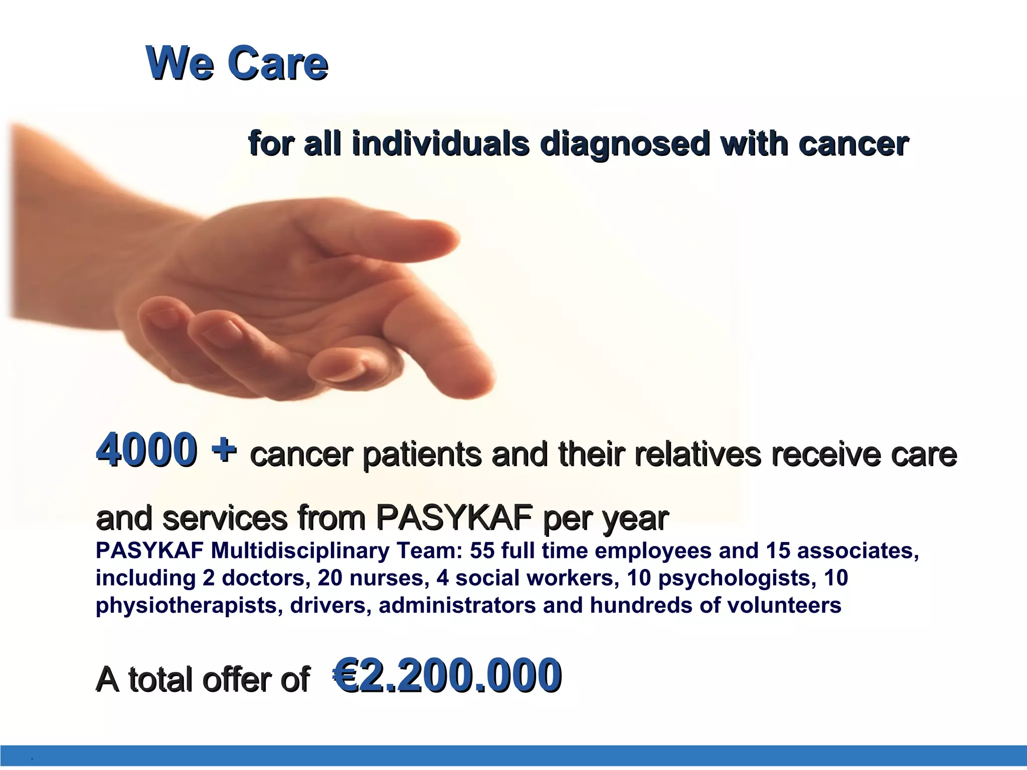 We Care for all individuals diagnosed with cancer  40 00  +  cancer patients and their relatives receive care and services from PASYKAF per year PASYKAF Multidisciplinary Team: 55 full time employees and 15 associates, including 2 doctors, 20 nurses, 4 social workers, 10 psychologists, 10 physiotherapists, drivers, administrators and hundreds of volunteers A total offer of  €2. 20 0.000 . 