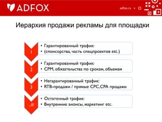 Иерархия продажи рекламы для площадки
adfox.ru	
  
1	

•  Гарантированный трафик:	

•  (спонсорства, часть спецпроектов etc.)	

2	

•  Гарантированный трафик:	

•  CPM, обязательства по срокам, объемам	

3	

•  Негарантированный трафик:	

•  RTB-продажи / прямые CPC,CPA продажи	

..#	

•  Остаточный трафик: 	

•  Внутренние анонсы, маркетинг etc.	

 