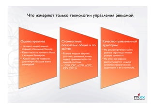 Что измеряют только технологии управления рекламой:




Оценка креатива
                 Стоимостные                     Качество привлеченной
•  сколько людей видело          показатели: общие и по          аудитории
   каждый отдельный баннер
      сайтам 
                        •  На рекламируемом сайте
•  Какая частота контакта была   •  Разные модели закупки           разные страницы имеют
   с каждым баннером.
              (статика, динамика, клики,      разную ценность.
•  Какой креатив позволил           лиды), сравниватются по      •  На этом основании
   достигнуть больше всего          единой системе
                 рассчитывается индекс
   конверсий
                    •  CPM, CPC, uCPM, uCPC,           качества привлеченной
                                    CPV, CPV 2+
                    аудитории и ее стоимость.
 