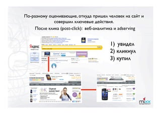 По-разному оценивающие, откуда пришел человек на сайт и
              совершил ключевые действия.
     После клика (post-click): веб-аналитика и adserving 


                                         1)  увидел 
                                         2) кликнул
                                         3) купил
 