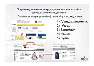 По-разному оценивая, откуда пришел человек на сайт и
           совершил ключевые действия.
После просмотра (post-view): adserving и исследования 
                                 1)  Увидел, запомнил.
                                 2) Ушел
                                 3) Вспомнил
                                 4) Нашел
                                 5) Купил
 