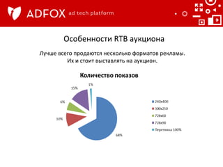 Особенности	
  RTB	
  аукциона	
  
Лучше	
  всего	
  продаются	
  несколько	
  форматов	
  рекламы.	
  	
  
Их	
  и	
  стоит	
  выставлять	
  на	
  аукцион.	
  

 