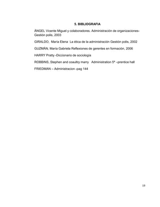 5. BIBLIOGRAFIA

ÁNGEL Vicente Miguel y colaboradores. Administración de organizaciones-
Gestión polis, 2003

GIRALDO, María Elena La ética de la administración Gestión polis, 2002

GUZMÁN, María Gabriela Reflexiones de gerentes en formación, 2006

HARRY Pratty -Diccionario de sociología

ROBBINS, Stephen and coaultry marry Administration 5ª –prentice hall

FRIEDMAN – Administracion -pag 144




                                                                          19
 