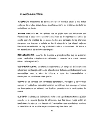 6.3 MARCO CONCEPTUAL



AFILIACION: mecanismo de defensa en que el individuo acude a los demás
en busca de ayuda o apoyo, lo que significa compartir los problemas sin tratar de
atribuirlos a los demás

APORTE PARAFISCAL: los aportes son los pagos que todo empleador con
trabajadores a cargo debe cancelar a una Caja de Compensación Familia. Se
aporta sobre la totalidad de los pagos hechos por concepto de los diferentes
elementos que integran el salario, en los términos de la Ley laboral, incluidos
descansos remunerados de Ley y convencionales o contractuales. Se aporta el
9% de la totalidad de la nómina devengada

RECLUTAMIENTO: conjunto de técnicas y procedimientos que se proponen
atraer candidatos potencialmente calificados y capaces para ocupar puestos
dentro de la organización.

SEGURIDAD SOCIAL: se refiere principalmente a un campo de bienestar social
relacionado con la protección social o la cobertura de las necesidades socialmente
reconocidas, como la salud, la pobreza, la vejez, las discapacidades, el
desempleo, las familias con niños y otras.

SERVICIO: los servicios son actividades identificables, intangibles y perecederas
que son el resultado de esfuerzos humanos o mecánicos que producen un hecho,
un desempeño o un esfuerzo que implican generalmente la participación del
cliente

SUBSIDIO: se utiliza para alcanzar una meta social (que todas las familias puedan
acceder a la canasta básica de alimentos, que las clases bajas estén en
condiciones de comprar una vivienda, etc.) o para favorecer, por distintos motivos,
a determinar de las actividades productivas o regiones de un país.

                                        16
 