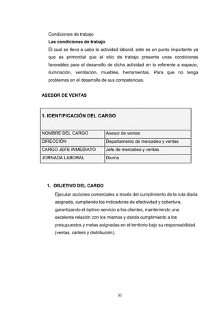 Condiciones de trabajo
  Las condiciones de trabajo
  El cual se lleva a cabo la actividad laboral, este es un punto importante ya
  que es primordial que el sitio de trabajo presente unas condiciones
  favorables para el desarrollo de dicha actividad en lo referente a espacio,
  iluminación, ventilación, muebles, herramientas. Para que no tenga
  problemas en el desarrollo de sus competencias.


ASESOR DE VENTAS



1. IDENTIFICACIÓN DEL CARGO


NOMBRE DEL CARGO                Asesor de ventas
DIRECCIÒN                       Departamento de mercadeo y ventas
CARGO JEFE INMEDIATO            Jefe de mercadeo y ventas
JORNADA LABORAL                 Diurna




 1. OBJETIVO DEL CARGO
     Ejecutar acciones comerciales a través del cumplimiento de la ruta diaria
     asignada, cumpliendo los indicadores de efectividad y cobertura,
     garantizando el óptimo servicio a los clientes, manteniendo una
     excelente relación con los mismos y dando cumplimiento a los
     presupuestos y metas asignadas en el territorio bajo su responsabilidad
     (ventas, cartera y distribución).




                                         31
 