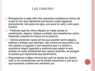 Las caretas:Entregamos a cada niño tres cartulinas cortadas en forma de óvalo en las que habremos practicado cuatro agujeros previamente: dos para los ojos, uno para la nariz y otro para la boca.¨ Pedimos que los niños dibujen en cada careta un sentimiento: alegría, tristeza y enfado (les enseñamos cómo, haciendo nosotros lo mismo en la pizarra).¨ Vamos poniendo casos en los que puedan sentir alegría, tristeza o enfado (por ejemplo, nos vamos de excursión o se nos pierde un juguete o nos tenemos que ir a dormir y queremos seguir jugando) y pedimos que según lo que sientan en esas situaciones que vamos diciendo, se pongan la careta que representa ese sentimiento.Preguntamos a algún alumno por qué se siente así (sobre todo si no corresponde con la careta requerida) y qué es lo que hacemos cuando nos sentimos así.