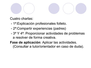 Cuatro charlas: - 1ª:Explicación profesionales folleto. - 2ª:Compartir experiencias (padres) - 3ª Y 4ª: Proporcionar actividades de problemas a resolver de forma creativa.  Fase de aplicación : Aplicar las actividades.(Consultar a tutor/orientador en caso de duda).  
