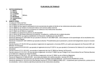 PLAN ANUAL DE TRABAJO
I. DATOS GENERALES:
1.1. RED E. :.
1.2. Distrito :
1.3. Localidad :
1.4. Turno : Mañana.
1.5. Modalidad :.
1.6. Característica :
1.7. UGEL :
II. MARCO LEGAL:
- Constitución Política del Perú
- Ley N°28044 Ley general de educación
- Ley N° 28628 Ley que regula la participación de las asociaciones de padres de familia en las instituciones educativas publicas
- Ley N° 28988 ley que declara a la educación básica como servicio público esencial
- Ley N° 29719 Ley que promueve la convivencia sin violencia en las instituciones educativas.
- Ley N° 29944 Ley de Reforma magisterial.
- Ley N°29973 Ley general de la persona con discapacidad
- Ley N° 28740 Ley del Sistema Nacional de Evaluación, acreditación y certificación de la calidad educativa
- Decreto ley N°25762 Ley orgánica del Ministerio de Educación, modificada por la ley N| 26510.
- Resolución Ministerial N° 0234-2005 ED que aprueba la directiva N° 004-VMGP-2005, sobre evaluación de los aprendizajes de los estudiantes de la
Educación Básica Regular.
- Resolución ministerial N° 0201-2009-Ed que aprueba la directiva “Procedimientos para la prevención y sanción del hostigamiento sexual en el sector
Educación.
- Decreto Supremo N° 06-2012 ED que aprueba el reglamento de organización y funciones (ROF) y el cuadro para asignación de Personal (CAP) .del
Ministerio de Educación.
- Decreto supremo N°010-2012-ED, que aprueba el reglamento de la ley N° 29719, Ley que aprueba la Convivencia Sin Violencia En Las Instituciones
Educativas
- Decreto supremo N° 011-2012-ED, que aprueba el reglamento del a ley N° 28044 ley Generar de Educación
- Decreto supremo N° 015-1012 –ED que aprueba el reglamento de la ley N° 29692 Ley que Protege A Los Consumidores De Las Prácticas Abusivas
en la Selección o Adquirió de Textos Escolares.
- Decreto supremo N° 004-2013 – ED, que aprueba el reglamento de la ley N° 29944 Ley de la Reforma Magisterial.
- Resolución Magisterial N° 0369-2012-ED , que prueba prioridades de la política educativa nacional 2012-2016
- Resolución ministerial N°0518-2012-ED que aprueba El Plan Estratégico Sectorial Multianual de Educación (PESEM 2012-2016)
- Resolución Ministerial N° 0519-2012-Ed Que Aprueba Directiva N° 019-2012-MINEDU/VMGI,-OET, Limpiamiento para la prevención y producción de
los estudiantes contra la violencia ejercida por personas de las instituciones educativas.
 