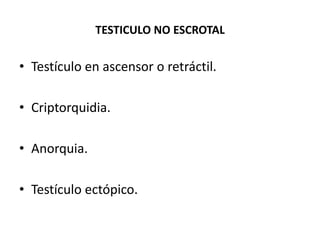 TESTICULO NO ESCROTAL
• Testículo en ascensor o retráctil.
• Criptorquidia.
• Anorquia.
• Testículo ectópico.
 
