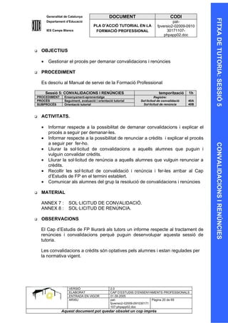 Generalitat de Catalunya                  DOCUMENT                             CODI




                                                                                                       FITXA DE TUTORIA: SESSIÓ 5
        Departament d’Educació                                                         pat-
                                       PLA D’ACCIÓ TUTORIAL EN LA             fpversio2-02009-0910
        IES Camps Blancs                FORMACIÓ PROFESSIONAL                      30171107-
                                                                                  phpapp02.doc



   OBJECTIUS

    •    Gestionar el procés per demanar convalidacions i renúncies

   PROCEDIMENT

    Es descriu al Manual de servei de la Formació Professional

        Sessió 5: CONVALIDACIONS I RENÚNCIES                                   temporització     1h
PROCEDIMENT        Ensenyament-aprenentatge                                  Registre:
PROCÉS             Seguiment, avaluació i orientació tutorial      Sol·licitud de convalidació   40A
SUBPROCÉS          Orientació tutorial                              Sol·licitud de renúncia      40B



   ACTIVITATS.

    •    Informar respecte a la possibilitat de demanar convalidacions i explicar el
         procés a seguir per demanar-les.
    •    Informar respecte a la possibilitat de renunciar a crèdits i explicar el procés
         a seguir per fer-ho.




                                                                                                       CONVALIDACIONS I RENÚNCIES
    •    Lliurar la sol·licitud de convalidacions a aquells alumnes que puguin i
         vulguin convalidar crèdits.
    •    Lliurar la sol·licitud de renúncia a aquells alumnes que vulguin renunciar a
         crèdits.
    •    Recollir les sol·licitud de convalidació i renúncia i fer-les arribar al Cap
         d’Estudis de FP en el termini establert.
    •    Comunicar als alumnes del grup la resolució de convalidacions i renúncies

   MATERIAL

    ANNEX 7 :         SOL·LICITUD DE CONVALIDACIÓ.
    ANNEX 8 :         SOL·LICITUD DE RENÚNCIA.

   OBSERVACIONS

    El Cap d’Estudis de FP lliurarà als tutors un informe respecte al tractament de
    renúncies i convalidacions perquè puguin desenvolupar aquesta sessió de
    tutoria.

    Les convalidacions a crèdits són optatives pels alumnes i estan regulades per
    la normativa vigent.




                      VERSIÓ                       2.0
                      ELABORAT                     CAP D’ESTUDIS D’ENSENYAMENTS PROFESSIONALS
                      ENTRADA EN VIGOR             01.09.2005
                      ARXIU                        pat-                      Pàgina 20 de 69
                                                   fpversio2-02009-091030171
                                                   107-phpapp02.doc
                 Aquest document pot quedar obsolet un cop imprés
 