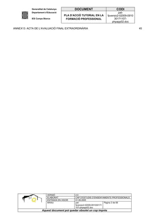 Generalitat de Catalunya          DOCUMENT                        CODI
            Departament d’Educació                                               pat-
                                       PLA D’ACCIÓ TUTORIAL EN LA       fpversio2-02009-0910
            IES Camps Blancs            FORMACIÓ PROFESSIONAL                30171107-
                                                                            phpapp02.doc

ANNEX13: ACTA DE L’AVALUACIÓ FINAL EXTRAORDINÀRIA                                              45




                          VERSIÓ              2.0
                          ELABORAT            CAP D’ESTUDIS D’ENSENYAMENTS PROFESSIONALS
                          ENTRADA EN VIGOR    01.09.2005
                          ARXIU               pat-                      Pàgina 3 de 69
                                              fpversio2-02009-091030171
                                              107-phpapp02.doc
                     Aquest document pot quedar obsolet un cop imprés
 