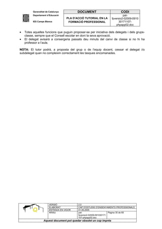Generalitat de Catalunya          DOCUMENT                        CODI
          Departament d’Educació                                               pat-
                                     PLA D’ACCIÓ TUTORIAL EN LA       fpversio2-02009-0910
          IES Camps Blancs            FORMACIÓ PROFESSIONAL                30171107-
                                                                          phpapp02.doc

•   Totes aquelles funcions que puguin proposar-se per iniciativa dels delegats i dels grups-
    classe, sempre que el Consell escolar en doni la seva aprovació.
•   El delegat avisarà a consergeria passats deu minuts del canvi de classe si no hi ha
    professor a l’aula.

NOTA: El tutor podrà, a proposta del grup o de l’equip docent, cessar el delegat i/o
subdelegat quan no compleixin correctament les tasques encomanades.




                        VERSIÓ              2.0
                        ELABORAT            CAP D’ESTUDIS D’ENSENYAMENTS PROFESSIONALS
                        ENTRADA EN VIGOR    01.09.2005
                        ARXIU               pat-                      Pàgina 35 de 69
                                            fpversio2-02009-091030171
                                            107-phpapp02.doc
                   Aquest document pot quedar obsolet un cop imprés
 
