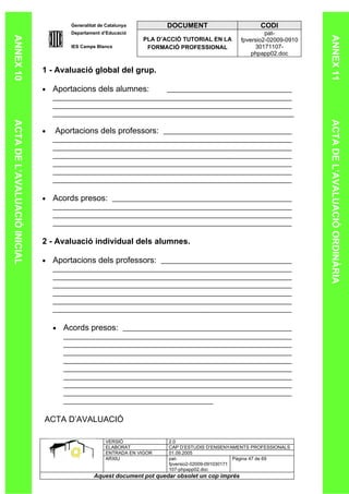Generalitat de Catalunya          DOCUMENT                        CODI
                                       Departament d’Educació                                               pat-
ANNEX 10




                                                                                                                          ANNEX 11
                                                                  PLA D’ACCIÓ TUTORIAL EN LA       fpversio2-02009-0910
                                       IES Camps Blancs            FORMACIÓ PROFESSIONAL                30171107-
                                                                                                       phpapp02.doc

                              1 - Avaluació global del grup.

                              •   Aportacions dels alumnes:
ACTA DE L’AVALUACIÓ INICIAL




                                                                                                                          ACTA DE L’AVALUACIÓ ORDINÀRIA
                              •   Aportacions dels professors:




                              •   Acords presos:




                              2 - Avaluació individual dels alumnes.

                              •   Aportacions dels professors:




                                  •   Acords presos:




                              ACTA D’AVALUACIÓ

                                                     VERSIÓ              2.0
                                                     ELABORAT            CAP D’ESTUDIS D’ENSENYAMENTS PROFESSIONALS
                                                     ENTRADA EN VIGOR    01.09.2005
                                                     ARXIU               pat-                      Pàgina 47 de 69
                                                                         fpversio2-02009-091030171
                                                                         107-phpapp02.doc
                                                Aquest document pot quedar obsolet un cop imprés
 
