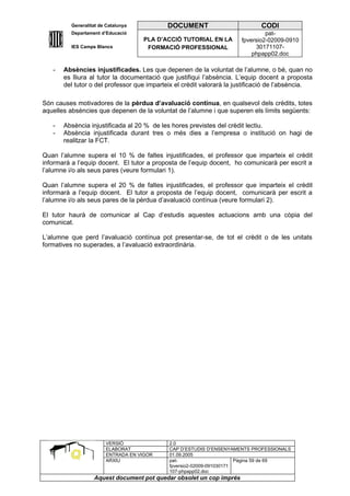 Generalitat de Catalunya           DOCUMENT                         CODI
         Departament d’Educació                                                pat-
                                    PLA D’ACCIÓ TUTORIAL EN LA        fpversio2-02009-0910
         IES Camps Blancs            FORMACIÓ PROFESSIONAL                 30171107-
                                                                          phpapp02.doc

   -   Absències injustificades. Les que depenen de la voluntat de l’alumne, o bé, quan no
       es lliura al tutor la documentació que justifiqui l’absència. L’equip docent a proposta
       del tutor o del professor que imparteix el crèdit valorarà la justificació de l’absència.

Són causes motivadores de la pèrdua d’avaluació contínua, en qualsevol dels crèdits, totes
aquelles absències que depenen de la voluntat de l’alumne i que superen els límits següents:

   -   Absència injustificada al 20 % de les hores previstes del crèdit lectiu.
   -   Absència injustificada durant tres o més dies a l’empresa o institució on hagi de
       realitzar la FCT.

Quan l’alumne supera el 10 % de faltes injustificades, el professor que imparteix el crèdit
informarà a l’equip docent. El tutor a proposta de l’equip docent, ho comunicarà per escrit a
l’alumne i/o als seus pares (veure formulari 1).

Quan l’alumne supera el 20 % de faltes injustificades, el professor que imparteix el crèdit
informarà a l’equip docent. El tutor a proposta de l’equip docent, comunicarà per escrit a
l’alumne i/o als seus pares de la pèrdua d’avaluació contínua (veure formulari 2).

El tutor haurà de comunicar al Cap d’estudis aquestes actuacions amb una còpia del
comunicat.

L’alumne que perd l’avaluació contínua pot presentar-se, de tot el crèdit o de les unitats
formatives no superades, a l’avaluació extraordinària.




                       VERSIÓ               2.0
                       ELABORAT             CAP D’ESTUDIS D’ENSENYAMENTS PROFESSIONALS
                       ENTRADA EN VIGOR     01.09.2005
                       ARXIU                pat-                      Pàgina 59 de 69
                                            fpversio2-02009-091030171
                                            107-phpapp02.doc
                  Aquest document pot quedar obsolet un cop imprés
 