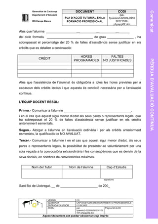 Generalitat de Catalunya             DOCUMENT                         CODI




                                                                                              Comunicat
         Departament d’Educació                                                 pat-
                                    PLA D’ACCIÓ TUTORIAL EN LA         fpversio2-02009-0910
         IES Camps Blancs            FORMACIÓ PROFESSIONAL                  30171107-
                                                                           phpapp02.doc

Atès que l’alumne _______________________________________________
del cicle formatiu __________________________ de grau _______________ , ha
sobrepassat el percentatge del 20 % de faltes d’assistència sense justificar en els
crèdits que es detallen a continuació:

                                               HORES                  FALTES
               CRÈDIT




                                                                                              PÈRDUA D’AVALUACIÓ CONTÍNUA
                                            PROGRAMADES           NO JUSTIFICADES




Atès que l’assistència de l’alumnat és obligatòria a totes les hores previstes per a
cadascun dels crèdits lectius i que aquesta és condició necessària per a l’avaluació
contínua.

L’EQUIP DOCENT RESOL:

Primer.- Comunicar a l’alumne ______________________________________,
i en el cas que aquest sigui menor d’edat als seus pares o representants legals, que
ha sobrepassat el 20 % de faltes d’assistència sense justificar en els crèdits
anteriorment esmentats.

Segon.- Atorgar a l’alumne en l’avaluació ordinària i per als crèdits anteriorment
esmentats, la qualificació de NO AVALUAT.

Tercer.- Comunicar a l’alumne i en el cas que aquest sigui menor d’edat, als seus
pares o representants legals, la possibilitat de presentar-se voluntàriament per una
sola vegada a la convocatòria extraordinària i les conseqüències que es derivin de la
seva decisió, en nombres de convocatòries màximes.


         Nom del Tutor                    Nom de l’alumne            Cap d’Estudis


                                                                  signatures


Sant Boi de Llobregat, __ de _____________________ de 200_



                       VERSIÓ                 2.0
                       ELABORAT               CAP D’ESTUDIS D’ENSENYAMENTS PROFESSIONALS
                       ENTRADA EN VIGOR       01.09.2005
                       ARXIU                  pat-                      Pàgina 62 de 69
                                              fpversio2-02009-091030171
                                              107-phpapp02.doc
                  Aquest document pot quedar obsolet un cop imprés
 