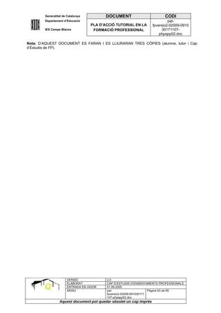 Generalitat de Catalunya          DOCUMENT                        CODI
        Departament d’Educació                                               pat-
                                   PLA D’ACCIÓ TUTORIAL EN LA       fpversio2-02009-0910
        IES Camps Blancs            FORMACIÓ PROFESSIONAL                30171107-
                                                                        phpapp02.doc

Nota: D’AQUEST DOCUMENT ES FARAN I ES LLIURARAN TRES CÒPIES (alumne, tutor i Cap
d’Estudis de FP).




                      VERSIÓ              2.0
                      ELABORAT            CAP D’ESTUDIS D’ENSENYAMENTS PROFESSIONALS
                      ENTRADA EN VIGOR    01.09.2005
                      ARXIU               pat-                      Pàgina 63 de 69
                                          fpversio2-02009-091030171
                                          107-phpapp02.doc
                 Aquest document pot quedar obsolet un cop imprés
 