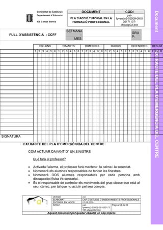 Generalitat de Catalunya            DOCUMENT                         CODI




                                                                                                           Document
                    Departament d’Educació                                                 pat-
                                                 PLA D’ACCIÓ TUTORIAL EN LA       fpversio2-02009-0910
                    IES Camps Blancs              FORMACIÓ PROFESSIONAL                 30171107-
                                                                                      phpapp02.doc

                                               SETMANA
                                                                                              GRU
   FULL D'ASSISTÈNCIA - CCFF                          :
                                                                                              P:
                                                   MES:

                      DILLUNS              DIMARTS         DIMECRES            DIJOUS         DIVENDRES   RESUM
                   1 2 3 4 5 6 1 2 3 4 5 6 1 2 3 4 5 6 1 2 3 4 5 6 1 2 3 4 5 6 F FJ R




                                                                                                           EXTRACTE DEL PLA D’EMERGÈNCIA DEL CENTRE
SIGNATURA

            EXTRACTE DEL PLA D’EMERGÈNCIA DEL CENTRE.

              COM ACTUAR DAVANT D´ UN SINISTRE

                  Què farà el professor?

              •   Activada l’alarma, el professor farà mantenir la calma i la serenitat.
              •   Nomenarà els alumnes responsables de tancar les finestres.
              •   Nomenarà DOS alumnes responsables per cada persona amb
                  discapacitat física i/o sensorial.
              •   És el responsable de controlar els moviments del grup classe que està al
                  seu càrrec, per tal que no actuïn pel seu compte.


                                  VERSIÓ                  2.0
                                  ELABORAT                CAP D’ESTUDIS D’ENSENYAMENTS PROFESSIONALS
                                  ENTRADA EN VIGOR        01.09.2005
                                  ARXIU                   pat-                      Pàgina 64 de 69
                                                          fpversio2-02009-091030171
                                                          107-phpapp02.doc
                             Aquest document pot quedar obsolet un cop imprés
 