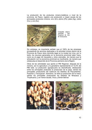 92
La producción de los productos minero-metálicos a nivel de la
provincia, de Pasco, registra una producción a mayor escala de los
principales productos mineros: zinc (Zn), plomo (Pb), plata (Ag), cobre
(Cu), y oro (Au).
Sin embargo, es importante señalar que el 100% de las empresas
proveedoras de servicios dedicadas a la actividad minera dentro de la
Provincia de Pasco tiene domicilio legal en la ciudad de Lima; por lo
tanto, los recursos generados en la economía provincial salen fuera,
como es el pago de impuestos y otros aranceles, de manera que la
articulación con la economía provincial es insuficiente, de manera que
obstaculiza el desarrollo de la Provincia asimismo de la Región.
Otras de las actividades que aporta al PBI Regional, después de la
minería, son la agricultura y la ganadería representando el 12.2% del
PBI total. La producción agropecuaria es diversificada, destacando
entre los principales productos la producción de la papa, siendo los
principales productores del tubérculo los Distritos de Paucartambo,
Huachón y Yarusyacan. Asimismo, se tiene la producción de la maca,
siendo los principales productores los Distritos de Ninacaca y
Tinyahuarco, y en menor escala, Vicco y Simón Bolívar.
Compañía minera
Atacocha – San
Francisco de Asís
de Yarusyacan.
Diversas variedades
de papa producidazas
en la Provincia de
Pasco
La Maca Cultivo indígena
– Meseta del Bombón
 