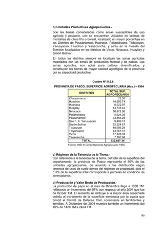 99
b) Unidades Productivas Agropecuarias.-
Son las tierras consideradas como áreas susceptibles de uso
agrícola y pecuario, uno se encuentran ubicados en laderas de
montañas de clima frío o boreal, localizado en mayor porcentaje en
los Distritos de Paucartambo, Huariaca, Pallanchacra, Ticlacayan,
Yarusyacan, Huachon y Yanacancha, y otras en la meseta del
Bombón localizados en los distritos de Vicco, Ninacaca, Huayllay y
Simón Bolívar.
En todos los distritos siempre se localizan las zonas agrícolas
mezclados con las zonas de producción forestal y de pastos. Las
zonas agrícolas, son aptas para cultivos diversificados, y
constituyen las tierras de mayor calidad agrológico de la provincia
por su capacidad productiva.
Cuadro Nº III.3.6
PROVINCIA DE PASCO: SUPERFICIE AGROPECUARIA (Has.) – 1994
DISTRITOS
TOTAL SUP.
AGROPECUARIA
Chaupimarca 23.55
Huachón 10,893.74
Huariaca 6,022.97
Huayllay 43,735.42
Ninacaca 50,872.06
Pallanchacra 5,924.39
Paucartambo 33,855.28
San F. A. Yarusyacan 9,499.12
Simón Bolívar 52,524.67
Ticlacayan 40,606.29
Tinyahuarco 43,561.15
Vicco 17,328.02
Yanacancha 7,760.68
TOTAL 322,607.34
Fuente: INEI III Censo Nacional Agropecuario 1994.
c) Régimen de la Tenencia de la Tierra.-
Con referencia a la tenencia de la tierra, del total de la superficie del
departamento, la provincia de Pasco representa el 86% de las
unidades agropecuarias, de acuerdo a las distribución según
tenencia de usos de suelo dentro del régimen de propiedad, sólo el
5.3% de la superficie total corresponde a parcelas en condición de
arrendatarios.
d) Producción y Valor Bruto de Producción.-
La producción de papa en el mes de Diciembre llega a 1330 TM.
reflejando un incremento del 57% con respecto al año 2004 que fue
de 82,647 TM. El aumento se atribuye a la mayor área cosechada
debido al incremento de la superficie sembrada por la ayuda que
brindó el Comité de Defensa Civil, consistente en fertilizantes y
semillas. A Diciembre del 2004 muestra también un incremento del
70% de 1428 TM a 2424 TM.
 