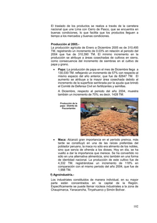102
El traslado de los productos se realiza a través de la carretera
nacional que une Lima con Cerro de Pasco, que se encuentra en
buenas condiciones, lo que facilita que los productos lleguen a
tiempo a los mercados y buenas condiciones.
Producción al 2005.-
La producción agrícola de Enero a Diciembre 2005 es de 310,495
TM. registrando un incremento de 0.03% en relación al periodo del
2004 que fue de 310,390 TM. El mínimo incremento en la
producción se atribuye a áreas cosechadas de cultivos en sierra,
como consecuencia del incremento de siembras en el cultivo de
papa y grano.
• Papa: La producción de papa en el mes de Diciembre llega a
130,030 TM. reflejando un incremento de 57% con respecto al
mismo espacio del año anterior, que fue de 82647 TM. El
aumento se atribuye a la mayor área cosechada debido al
incremento de la superficie sembrada por la ayuda que brindó
el Comité de Defensa Civil en fertilizantes y semillas.
A Diciembre, respecto al periodo del año 2004, muestra
también un incremento de 70%; es decir, 1428 TM.
• Maca: Alcanzó gran importancia en el período preinca, más
tarde se constituyó en una de las raíces preferidas del
poblador peruano, la maca no sólo era alimento de los nobles,
sino que servía de ofrenda a los dioses. Hoy en día, se ha
vuelto a dar la importancia que merece. Se ha convertido no
sólo en una alternativa alimenticia, sino también en una forma
de identidad nacional. La producción de este cultivo fue de
4,332 TM. registrándose un incremento de 118% en
comparación con el mismo periodo del año 2004, que fue de
1,998 TM.
f) Agroindustria.-
Los industriales constituidos de manera individual, en su mayor
parte están concentrados en la capital de la Región.
Específicamente se puede llamar núcleos industriales a la zona de
Chaupimarca, Yanacancha, Tinyahuarco y Simón Bolívar.
Producción de la
papa - Distrito de
Paucartambo
 