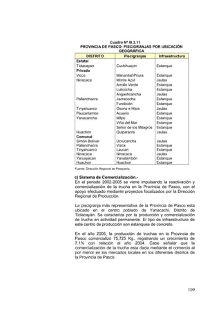 109
Cuadro Nº III.3.11
PROVINCIA DE PASCO: PISCIGRANJAS POR UBICACIÓN
GEOGRÁFICA
DISTRITO Piscigranjas Infraestructura
Estatal
Ticlacayan Cuchihuayin Estanque
Privado
Vicco Manantial Pirura Estanque
Ninacaca Monte Azul Jaulas
Arrollo Verde Estanque
Lulicocha Estanque
Angashcancha Jaulas
Pallanchacra Jacracocha Estanque
Fundición Estanque
Tinyahuarco Osorio e Hijos Jaulas
Paucartambo Acuario Estanque
Yanacancha Milpo Estanque
Viña del Mar Estanque
Señor de los Milagros Estanque
Huachón Quiparacra Jaulas
Comunal
Simón Bolívar Ucrucancha Jaulas
Pallanchacra Vizca Estanque
Tinyahuarco Laucari Estanque
Ninacaca Ninacaca Jaulas
Yarusyacan Yanatambón Estanque
Huachon Huachon Estanque
Fuente: Dirección Regional de Pesquería.
c) Sistema de Comercialización.-
En el periodo 2002-2005 se viene impulsando la reactivación y
comercialización de la trucha en la Provincia de Pasco, con el
apoyo efectuado mediante proyectos focalizados por la Dirección
Regional de Producción.
La piscigranja más representativa de la Provincia de Pasco esta
ubicado en el centro poblado de Yanacachi, Distrito de
Ticlacayán. Se caracteriza por la producción y comercialización
de trucha en actividad permanente. El tipo de infraestructura de
este centro de producción son estanques de concreto.
En el año 2005, la producción de truchas en la Provincia de
Pasco comercializó 75,725 Kg., registrando un crecimiento de
7.1% con relación al año 2004. Cabe señalar que la
comercialización de la trucha esta dada mediante el comercio al
por menor en los mercados locales en los diferentes distritos de
la Provincia de Pasco.
 