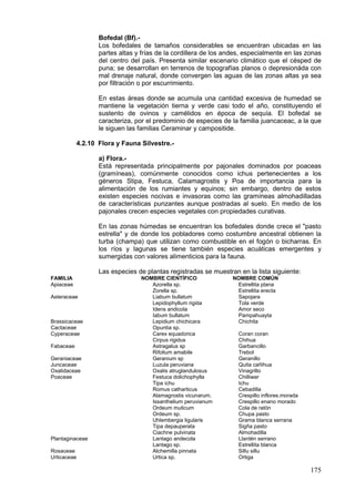 175
Bofedal (Bf).-
Los bofedales de tamaños considerables se encuentran ubicadas en las
partes altas y frías de la cordillera de los andes, especialmente en las zonas
del centro del país. Presenta similar escenario climático que el césped de
puna; se desarrollan en terrenos de topografías planos o depresionáda con
mal drenaje natural, donde convergen las aguas de las zonas altas ya sea
por filtración o por escurrimiento.
En estas áreas donde se acumula una cantidad excesiva de humedad se
mantiene la vegetación tierna y verde casi todo el año, constituyendo el
sustento de ovinos y camélidos en época de sequía. El bofedal se
caracteriza, por el predominio de especies de la familia juancaceac, a la que
le siguen las familias Ceraminar y campositide.
4.2.10 Flora y Fauna Silvestre.-
a) Flora.-
Está representada principalmente por pajonales dominados por poaceas
(gramíneas), comúnmente conocidos como ichus pertenecientes a los
géneros Stipa, Festuca, Calamagrostis y Poa de importancia para la
alimentación de los rumiantes y equinos; sin embargo, dentro de estos
existen especies nocivas e invasoras como las gramíneas almohadilladas
de características punzantes aunque postradas al suelo. En medio de los
pajonales crecen especies vegetales con propiedades curativas.
En las zonas húmedas se encuentran los bofedales donde crece el "pasto
estrella" y de donde los pobladores como costumbre ancestral obtienen la
turba (champa) que utilizan como combustible en el fogón o bicharras. En
los ríos y lagunas se tiene también especies acuáticas emergentes y
sumergidas con valores alimenticios para la fauna.
Las especies de plantas registradas se muestran en la lista siguiente:
FAMILIA NOMBRE CIENTÍFICO NOMBRE COMÚN
Apiaceae Azorella sp. Estrellita plana
Zorella sp. Estrellita erecta
Asteraceae Liabum bullatum Sapojara
Lepidophyllum rigida Tola verde
Idens andicola Amor seco
Iabum bullatum Pampahuayta
Brassicaceae Lepidium chichicara Chichita
Cactaceae Opuntia sp.
Cyperaceae Carex equadorica Coran coran
Cirpus rigidus Chihua
Fabaceae Astragalus sp Garbancillo
Rifolium amabile Trebol
Geraniaceae Geranium sp Geranillo
Juncaceae Luzula peruviana Quita cañihua
Oxalidaceae Oxalis atruglandulosus Vinagrillo
Poaceae Festuca dolichophylla Chilliwar
Tipa ichu Ichu
Romus catharticus Cebadilla
Alamagrostis vicunarum. Crespillo inflores.morada
Issanthelium peruvianum Crespillo enano morado
Ordeum muticum Cola de ratón
Ordeum sp. Chupa pasto
Uhlembergia ligularis Grama blanca serrana
Tipa depauperata Sigña pasto
Ciachne pulvinata Almohadilla
Plantaginaceae Lantago andecola Llantén serrano
Lantago sp. Estrellita blanca
Rosaceae Alchemilla pinnata Sillu sillu
Urticaceae Urtica sp. Ortiga
 