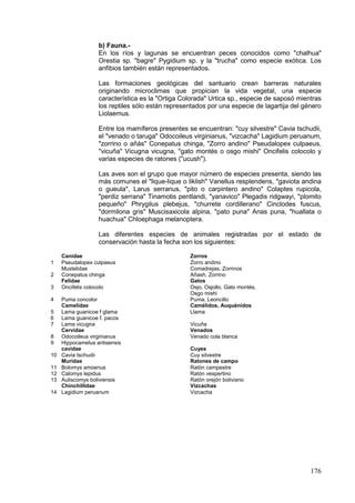 176
b) Fauna.-
En los ríos y lagunas se encuentran peces conocidos como "chalhua"
Orestia sp. "bagre" Pygidium sp. y la "trucha" como especie exótica. Los
anfibios también están representados.
Las formaciones geológicas del santuario crean barreras naturales
originando microclimas que propician la vida vegetal, una especie
característica es la "Ortiga Colorada" Urtica sp., especie de saposó mientras
los reptiles sólo están representados por una especie de lagartija del género
Liolaemus.
Entre los mamíferos presentes se encuentran: "cuy silvestre" Cavia tschudii,
el "venado o taruga" Odocoileus virginianus, "vizcacha" Lagidium peruanum,
"zorrino o añás" Conepatus chinga, "Zorro andino" Pseudalopex culpaeus,
"vicuña" Vicugna vicugna, "gato montés o osgo mishi" Oncifelis colocolo y
varias especies de ratones ("ucush").
Las aves son el grupo que mayor número de especies presenta, siendo las
más comunes el "lique-lique o liklish" Vanellus resplendens, "gaviota andina
o gueula", Larus serranus, "pito o carpintero andino" Colaptes rupicola,
"perdiz serrana" Tinamotis pentlandi, "yanavico" Plegadis ridgwayi, "plomito
pequeño" Phrygilus plebejus, "churrete cordillerano" Cinclodes fuscus,
"dormilona gris" Muscisaxicola alpina, "pato puna" Anas puna, "huallata o
huachua" Chloephaga melanoptera.
Las diferentes especies de animales registradas por el estado de
conservación hasta la fecha son los siguientes:
Canidae Zorros
1 Pseudalopex culpaeus Zorro andino
Mustelidae Comadrejas, Zorrinos
2 Conepatus chinga Añash, Zorrino
Felidae Gatos
3 Oncifelis colocolo Osjo, Osjollo, Gato montés,
Osgo mishi
4 Puma concolor Puma, Leoncillo
Camelidae Camélidos, Auquénidos
5 Lama guanicoe f glama Llama
6 Lama guanicoe f. pacos
7 Lama vicugna Vicuña
Cervidae Venados
8 Odocoileus virginianus Venado cola blanca
9 Hippocamelus antisensis
cavidae Cuyes
10 Cavia tschudii Cuy silvestre
Muridae Ratones de campo
11 Bolomys amoenus Ratón campestre
12 Calomys lepidus Ratón vespertino
13 Auliscomys boliviensis Ratón orejón boliviano
Chinchillidae Vizcachas
14 Lagidium peruanum Vizcacha
 