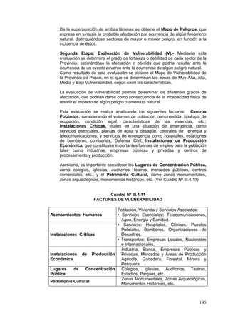 195
De la superposición de ambas láminas se obtiene el Mapa de Peligros, que
expresa en síntesis la probable afectación por ocurrencia de algún fenómeno
natural, distinguiéndose sectores de mayor o menor peligro, en función a la
incidencia de éstos.
Segunda Etapa: Evaluación de Vulnerabilidad (V).- Mediante esta
evaluación se determina el grado de fortaleza o debilidad de cada sector de la
Provincia, estimándose la afectación o pérdida que podría resultar ante la
ocurrencia de un evento adverso ante la ocurrencia de algún peligro natural.
Como resultado de esta evaluación se obtiene el Mapa de Vulnerabilidad de
la Provincia de Pasco, en el que se determinan las zonas de Muy Alta, Alta,
Media y Baja Vulnerabilidad, según sean las características.
La evaluación de vulnerabilidad permite determinar los diferentes grados de
afectación, que podrían darse como consecuencia de la incapacidad física de
resistir el impacto de algún peligro o amenaza natural.
Esta evaluación se realiza analizando los siguientes factores: Centros
Poblados, considerando el volumen de población comprendida, tipología de
ocupación, condición legal, características de las viviendas, etc.;
Instalaciones Críticas, vitales en una situación de emergencia, como
servicios esenciales, plantas de agua y desagüe, centrales de energía y
telecomunicaciones, y servicios de emergencia como hospitales, estaciones
de bomberos, comisarías, Defensa Civil; Instalaciones de Producción
Económica, que constituyen importantes fuentes de empleo para la población
tales como industrias, empresas públicas y privadas y centros de
procesamiento y producción.
Asimismo, es importante considerar los Lugares de Concentración Pública,
como colegios, iglesias, auditorios, teatros, mercados públicos, centros
comerciales, etc.; y el Patrimonio Cultural, como zonas monumentales,
zonas arqueológicas, monumentos históricos, etc. (Ver Cuadro Nº III.4.11)
Cuadro Nº III.4.11
FACTORES DE VULNERABILIDAD
Asentamientos Humanos
Población, Vivienda y Servicios Asociados:
• Servicios Esenciales: Telecomunicaciones,
Agua, Energía y Sanidad.
Instalaciones Críticas
• Servicios: Hospitales, Clínicas, Puestos
Policiales, Bomberos, Organizaciones de
Desastres.
• Transportes: Empresas Locales, Nacionales
e Internacionales.
Instalaciones de Producción
Económica
Industria, Banca, Empresas Públicas y
Privadas, Mercados y Áreas de Producción
Agrícola, Ganadera, Forestal, Minera y
Pesquera.
Lugares de Concentración
Pública
Colegios, Iglesias, Auditorios, Teatros,
Estadios, Parques, etc.
Patrimonio Cultural
Zonas Monumentales, Zonas Arqueológicas,
Monumentos Históricos, etc.
 