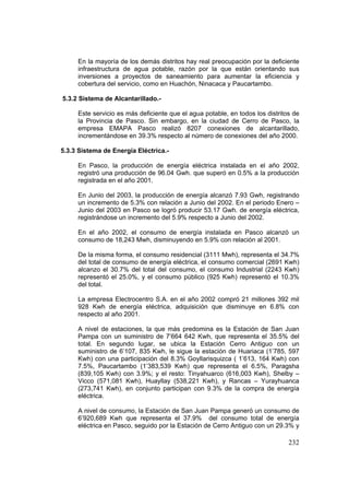 232
En la mayoría de los demás distritos hay real preocupación por la deficiente
infraestructura de agua potable, razón por la que están orientando sus
inversiones a proyectos de saneamiento para aumentar la eficiencia y
cobertura del servicio, como en Huachón, Ninacaca y Paucartambo.
5.3.2 Sistema de Alcantarillado.-
Este servicio es más deficiente que el agua potable, en todos los distritos de
la Provincia de Pasco. Sin embargo, en la ciudad de Cerro de Pasco, la
empresa EMAPA Pasco realizó 8207 conexiones de alcantarillado,
incrementándose en 39.3% respecto al número de conexiones del año 2000.
5.3.3 Sistema de Energía Eléctrica.-
En Pasco, la producción de energía eléctrica instalada en el año 2002,
registró una producción de 96.04 Gwh. que superó en 0.5% a la producción
registrada en el año 2001.
En Junio del 2003, la producción de energía alcanzó 7.93 Gwh, registrando
un incremento de 5.3% con relación a Junio del 2002. En el periodo Enero –
Junio del 2003 en Pasco se logró producir 53.17 Gwh. de energía eléctrica,
registrándose un incremento del 5.9% respecto a Junio del 2002.
En el año 2002, el consumo de energía instalada en Pasco alcanzó un
consumo de 18,243 Mwh, disminuyendo en 5.9% con relación al 2001.
De la misma forma, el consumo residencial (3111 Mwh), representa el 34.7%
del total de consumo de energía eléctrica, el consumo comercial (2691 Kwh)
alcanzo el 30.7% del total del consumo, el consumo Industrial (2243 Kwh)
representó el 25.0%, y el consumo público (925 Kwh) representó el 10.3%
del total.
La empresa Electrocentro S.A. en el año 2002 compró 21 millones 392 mil
928 Kwh de energía eléctrica, adquisición que disminuye en 6.8% con
respecto al año 2001.
A nivel de estaciones, la que más predomina es la Estación de San Juan
Pampa con un suministro de 7’664 642 Kwh, que representa el 35.5% del
total. En segundo lugar, se ubica la Estación Cerro Antiguo con un
suministro de 6’107, 835 Kwh, le sigue la estación de Huariaca (1’785, 597
Kwh) con una participación del 8.3% Goyllarisquizca ( 1’613, 164 Kwh) con
7.5%, Paucartambo (1’383,539 Kwh) que representa el 6.5%, Paragsha
(839,105 Kwh) con 3.9%; y el resto: Tinyahuarco (616,003 Kwh), Shelby –
Vicco (571,081 Kwh), Huayllay (538,221 Kwh), y Rancas – Yurayhuanca
(273,741 Kwh), en conjunto participan con 9.3% de la compra de energía
eléctrica.
A nivel de consumo, la Estación de San Juan Pampa generó un consumo de
6’920,689 Kwh que representa el 37.9% del consumo total de energía
eléctrica en Pasco, seguido por la Estación de Cerro Antiguo con un 29.3% y
 