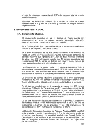233
el resto de estaciones representan el 32.7% del consumo total de energía
eléctrica instalada.
Asimismo, las estaciones ubicadas en la ciudad de Cerro de Pasco,
representan el 57% y 58% de la compra y consumo de energía eléctrica,
respectivamente.
5.4 Equipamiento Socio – Cultural.-
5.4.1 Equipamiento Educativo.-
El equipamiento educativo en las 13 distritos de Pasco cuenta con
infraestructura en todos los niveles: primaria, secundaria, educación
especial, educación ocupacional e instrucción superior.
En el Cuadro Nº III.5.6 se observa el listado de la infraestructura existente,
tanto en el sector público como en el privado.
En el nivel escolarizado de los 428 centros existentes en la Provincia de
Pasco, el Distrito de Yanacancha con 12,986 matriculados concentra 73
centros educativos que representa el 17.06% del total, mientras el Distrito
de Vicco con 929 matriculados cuenta con 11 centros educativos que
representan el 2.57 %, siendo los distritos con mayor y menor numero de
centros educativos dentro de la jurisdicción provincial.
La infraestructura en los niveles: inicial (113), primaria de menores (192) y
secundaria de menores (76) representan el 89.02 % del total de instituciones
educativas del nivel escolarizado, entendiéndose que la infraestructura
educativa de la Provincia se concentra principalmente en estos 3 niveles.
La presencia de centros educativos particulares en el nivel escolarizado
representa el 13.08% y los centros educativos estatales representan el 86.92
% del total de centros educativos en el nivel escolarizado de la provincia.
En el nivel no escolarizado, en la provincia se cuenta con 186 centros
educativos. El Distrito de Yanacancha con 711 matriculados concentra 44
centros educativos que representan el 23.66% del total, mientras el Distrito
de Pallanchacra con 47 matriculados cuenta con 3 centros educativos que
representan el 1.61 %; siendo los distritos con mayor y menor numero de
centros educativos en la provincia, respectivamente.
De las 614 instituciones educativas existentes en la provincia, 428 del nivel
escolarizado con sus 48,158 matriculados representan el 69.7%. del total de
instituciones educativas de la provincia; y las 186 instituciones no
escolarizadas con 3,901 matriculados representan el 30.3%.
La Dirección Regional de Educación de Pasco en Agosto del 2006 identificó
en la provincia 28 instituciones educativas (4.5 % del total) cuyos locales se
encuentran con alto riesgo de seguridad, localizándose 6 en el Distrito de
Chaupimarca, 1 en Ninacaca, 6 en Paucartambo, 1 en Pallanchacra, 1 en
SFA de Yarusyacan, 4 en Simón Bolívar, 2 en Ticlacayan, 1 en Tinyahuarco,
y 6 en Yanacancha.
 