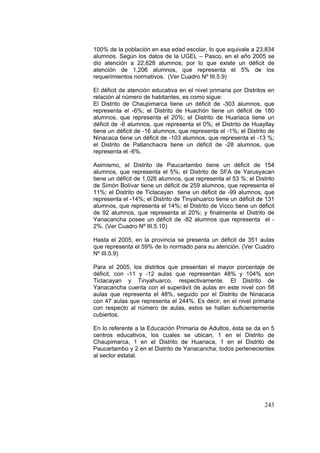 243
100% de la población en esa edad escolar, lo que equivale a 23,834
alumnos. Según los datos de la UGEL – Pasco, en el año 2005 se
dio atención a 22,628 alumnos; por lo que existe un déficit de
atención de 1,206 alumnos, que representa el 5% de los
requerimientos normativos. (Ver Cuadro Nº III.5.9)
El déficit de atención educativa en el nivel primaria por Distritos en
relación al número de habitantes, es como sigue:
El Distrito de Chaupimarca tiene un déficit de -303 alumnos, que
representa el -6%; el Distrito de Huachón tiene un déficit de 180
alumnos, que representa el 20%; el Distrito de Huariaca tiene un
déficit de -6 alumnos, que representa el 0%; el Distrito de Huayllay
tiene un déficit de -16 alumnos, que representa el -1%; el Distrito de
Ninacaca tiene un déficit de -103 alumnos, que representa el -13 %;
el Distrito de Pallanchacra tiene un déficit de -28 alumnos, que
representa el -6%.
Asimismo, el Distrito de Paucartambo tiene un déficit de 154
alumnos, que representa el 5%; el Distrito de SFA de Yarusyacan
tiene un déficit de 1,026 alumnos, que representa el 53 %; el Distrito
de Simón Bolívar tiene un déficit de 259 alumnos, que representa el
11%; el Distrito de Ticlacayan tiene un déficit de -99 alumnos, que
representa el -14%; el Distrito de Tinyahuarco tiene un déficit de 131
alumnos, que representa el 14%; el Distrito de Vicco tiene un déficit
de 92 alumnos, que representa el 20%; y finalmente el Distrito de
Yanacancha posee un déficit de -82 alumnos que representa el -
2%. (Ver Cuadro Nº III.5.10)
Hasta el 2005, en la provincia se presenta un déficit de 351 aulas
que representa el 59% de lo normado para su atención. (Ver Cuadro
Nº III.5.9)
Para el 2005, los distritos que presentan el mayor porcentaje de
déficit, con -11 y -12 aulas que representan 48% y 104% son
Ticlacayan y Tinyahuarco, respectivamente. El Distrito de
Yanacancha cuenta con el superávit de aulas en este nivel con 58
aulas que representa el 48%, seguido por el Distrito de Ninacaca
con 47 aulas que representa el 244%. Es decir, en el nivel primaria
con respecto al número de aulas, estos se hallan suficientemente
cubiertos.
En lo referente a la Educación Primaria de Adultos, ésta se da en 5
centros educativos, los cuales se ubican, 1 en el Distrito de
Chaupimarca, 1 en el Distrito de Huariaca, 1 en el Distrito de
Paucartambo y 2 en el Distrito de Yanacancha; todos pertenecientes
al sector estatal.
 