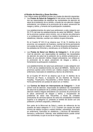 251
a) Niveles de Atención y Áreas Servidas.-
Las 5 Micro-redes del MINSA brindan los niveles de atención siguientes:
Las Postas de Salud de Categoría I-1 del primer nivel de atención,
son las responsables de satisfacer las necesidades de atención de
salud de la población de su ámbito, a través de una atención integral
ambulatoria, con énfasis en la promoción de la salud, prevención de
riesgos y daños, y fomento de la participación ciudadana.
Los establecimientos de salud que pertenecen a esta categoría son
52 (71% del total de establecimientos de salud del MINSA). Dentro
de la provincia cuentan como mínimo, con un técnico de enfermería
o un profesional de la salud no médico (licenciado en enfermería u
obstetricia). Además, cuentan con médico cirujano itinerante.
En el Cuadro Nº III.5.14 se observa que 12 de 13 distritos de la
provincia, con excepción de Huariaca, cuentan de forma permanente
con postas de salud sin médico, y de forma itinerante ambulatoria en
los poblados de Chinchán y Jarcahuaca, en el Distrito de Huariaca.
Las Postas de Salud con Médico de Categoría I – 2 del primer
nivel de atención, son responsables de satisfacer las necesidades
de atención de salud de la población de su ámbito jurisdiccional, a
través de una atención médica integral ambulatoria, con énfasis en
la promoción de la salud, prevención de riesgos y daños, y
fomentando la participación ciudadana.
Los establecimientos de salud que pertenecen a esta categoría son
9 (12% de los establecimientos de salud del MINSA). Dentro de la
provincia cuentan como mínimo con: médico cirujano, licenciado en
enfermería, licenciado en obstetricia y técnico de enfermería.
En el Cuadro Nº III.5.14 se observa que 8 de 13 distritos de la
Provincia de Pasco, a excepción de los Distritos de Huarica,
Huayllay, Tinyahuarco, Paucartambo y Simón Bolívar, cuentan de
forma permanente con postas de salud con un médico.
Los Centros de Salud sin Internamiento de Categoría I – 3 del
primer nivel de atención, responsable de satisfacer las necesidades
de salud de la población de su ámbito jurisdiccional, a través de una
atención médica integral ambulatoria con acciones de promoción de
la salud, prevención de riesgos y daños, y recuperación de
problemas de salud más frecuentes, a través de unidades
productoras de servicios básicos de salud de complejidad inmediata
superior a la categoría I-2, presenta un ámbito de acción con una
población y territorio asignado y referencial.
Son parte de la Micro-red de Salud y centro de referencia de los
puestos de salud categoría I-1 ó I-2. Cuentan con equipo de salud
mínimo de médico cirujano o médico familiar, odontólogo, licenciado
en enfermería, licenciado en obstetricia, y técnicos de laboratorio,
farmacia y enfermería. Además, este establecimiento puede contar
con nutricionista, lo que no se da en ninguno de estos.
 