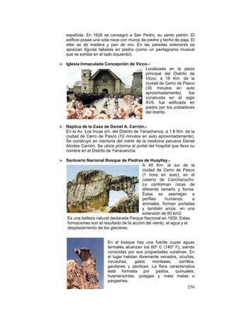 256
española. En 1626 se consagró a San Pedro, su santo patrón. El
edificio posee una sola nave con muros de piedra y techo de paja. El
altar es de madera y pan de oro. En las paredes exteriores se
aprecian figuras talladas en piedra (como un pentagrama musical
que se exhibe en el lado izquierdo).
Iglesia Inmaculada Concepción de Vicco.-
Localizada en la plaza
principal del Distrito de
Vicco, a 18 Km. de la
ciudad de Cerro de Pasco
(30 minutos en auto
aproximadamente), fue
construida en el siglo
XVII, fue edificada en
piedra por los pobladores
del distrito.
Réplica de la Casa de Daniel A. Carrión.-
En la Av. Los Incas s/n, del Distrito de Yanachanca, a 1,8 Km. de la
ciudad de Cerro de Pasco (10 minutos en auto aproximadamente).
Se construyó en memoria del mártir de la medicina peruana Daniel
Alcides Carrión. Se ubica próxima al portal del hospital que lleva su
nombre en el Distrito de Yanacancha.
Santuario Nacional Bosque de Piedras de Huayllay.-
A 40 Km. al sur de la
ciudad de Cerro de Pasco
(1 hora en auto), en el
caserío de Canchacucho.
Lo conforman rocas de
diferente tamaño y forma.
Éstas se asemejan a
perfiles humanos, a
animales, forman portadas
y también arcos. en una
extensión de 60 km2.
Es una belleza natural declarada Parque Nacional en 1939. Estas
formaciones son el resultado de la acción del viento, el agua y el
desplazamiento de los glaciares.
En el bosque hay una fuente cuyas aguas
termales alcanzan los 60º C (140º F), siendo
conocidas por sus propiedades curativas. En
el lugar habitan libremente venados, vicuñas,
vizcachas, gatos monteses, zorrillos,
gavilanes y perdices. La flora característica
está formada por pastos, quinuales,
huamanpintas, putagas y mata matas o
pargashes.
 