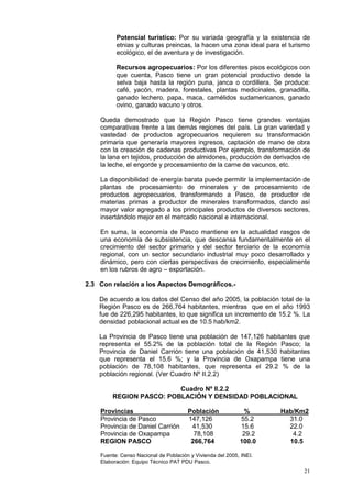 21
Potencial turístico: Por su variada geografía y la existencia de
etnias y culturas preincas, la hacen una zona ideal para el turismo
ecológico, el de aventura y de investigación.
Recursos agropecuarios: Por los diferentes pisos ecológicos con
que cuenta, Pasco tiene un gran potencial productivo desde la
selva baja hasta la región puna, janca o cordillera. Se produce:
café, yacón, madera, forestales, plantas medicinales, granadilla,
ganado lechero, papa, maca, camélidos sudamericanos, ganado
ovino, ganado vacuno y otros.
Queda demostrado que la Región Pasco tiene grandes ventajas
comparativas frente a las demás regiones del país. La gran variedad y
vastedad de productos agropecuarios requieren su transformación
primaria que generaría mayores ingresos, captación de mano de obra
con la creación de cadenas productivas Por ejemplo, transformación de
la lana en tejidos, producción de almidones, producción de derivados de
la leche, el engorde y procesamiento de la carne de vacunos, etc.
La disponibilidad de energía barata puede permitir la implementación de
plantas de procesamiento de minerales y de procesamiento de
productos agropecuarios, transformando a Pasco, de productor de
materias primas a productor de minerales transformados, dando así
mayor valor agregado a los principales productos de diversos sectores,
insertándolo mejor en el mercado nacional e internacional.
En suma, la economía de Pasco mantiene en la actualidad rasgos de
una economía de subsistencia, que descansa fundamentalmente en el
crecimiento del sector primario y del sector terciario de la economía
regional, con un sector secundario industrial muy poco desarrollado y
dinámico, pero con ciertas perspectivas de crecimiento, especialmente
en los rubros de agro – exportación.
2.3 Con relación a los Aspectos Demográficos.-
De acuerdo a los datos del Censo del año 2005, la población total de la
Región Pasco es de 266,764 habitantes, mientras que en el año 1993
fue de 226,295 habitantes, lo que significa un incremento de 15.2 %. La
densidad poblacional actual es de 10.5 hab/km2.
La Provincia de Pasco tiene una población de 147,126 habitantes que
representa el 55.2% de la población total de la Región Pasco; la
Provincia de Daniel Carrión tiene una población de 41,530 habitantes
que representa el 15.6 %; y la Provincia de Oxapampa tiene una
población de 78,108 habitantes, que representa el 29.2 % de la
población regional. (Ver Cuadro Nº II.2.2)
Cuadro Nº II.2.2
REGION PASCO: POBLACIÓN Y DENSIDAD POBLACIONAL
Provincias Población % Hab/Km2
Provincia de Pasco 147,126 55.2 31.0
Provincia de Daniel Carrión 41,530 15.6 22.0
Provincia de Oxapampa 78,108 29.2 4.2
REGION PASCO 266,764 100.0 10.5
Fuente: Censo Nacional de Población y Vivienda del 2005, INEI.
Elaboración: Equipo Técnico PAT PDU Pasco.
 