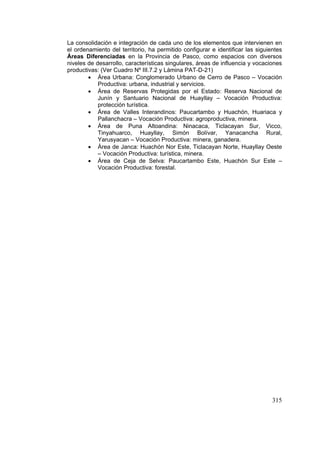 315
La consolidación e integración de cada uno de los elementos que intervienen en
el ordenamiento del territorio, ha permitido configurar e identificar las siguientes
Áreas Diferenciadas en la Provincia de Pasco, como espacios con diversos
niveles de desarrollo, características singulares, áreas de influencia y vocaciones
productivas: (Ver Cuadro Nº III.7.2 y Lámina PAT-D-21)
• Área Urbana: Conglomerado Urbano de Cerro de Pasco – Vocación
Productiva: urbana, industrial y servicios.
• Área de Reservas Protegidas por el Estado: Reserva Nacional de
Junín y Santuario Nacional de Huayllay – Vocación Productiva:
protección turística.
• Área de Valles Interandinos: Paucartambo y Huachón, Huariaca y
Pallanchacra – Vocación Productiva: agroproductiva, minera.
• Área de Puna Altoandina: Ninacaca, Ticlacayan Sur, Vicco,
Tinyahuarco, Huayllay, Simón Bolívar, Yanacancha Rural,
Yarusyacan – Vocación Productiva: minera, ganadera.
• Área de Janca: Huachón Nor Este, Ticlacayan Norte, Huayllay Oeste
– Vocación Productiva: turística, minera.
• Área de Ceja de Selva: Paucartambo Este, Huachón Sur Este –
Vocación Productiva: forestal.
 