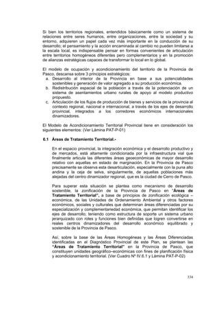 334
Si bien los territorios regionales, entendidos básicamente como un sistema de
relaciones entre seres humanos, entre organizaciones, entre la sociedad y su
entorno, adquieren un papel cada vez más importante en la conducción de su
desarrollo; el pensamiento y la acción encaminada al cambio no pueden limitarse a
la escala local, es indispensable pensar en formas convenientes de articulación
entre territorios homogéneos diferentes pero complementarios y en la promoción
de alianzas estratégicas capaces de transformar lo local en lo global.
El modelo de ocupación y acondicionamiento del territorio de la Provincia de
Pasco, descansa sobre 3 principios estratégicos:
a. Desarrollo al interior de la Provincia en base a sus potencialidades
sostenibles y generación de valor agregado a su producción económica.
b. Redistribución espacial de la población a través de la potenciación de un
sistema de asentamientos urbano rurales de apoyo al modelo productivo
propuesto.
c. Articulación de los flujos de producción de bienes y servicios de la provincia al
contexto regional, nacional e internacional, a través de los ejes de desarrollo
provincial, integrados a los corredores económicos internacionales
dinamizadores.
El Modelo de Acondicionamiento Territorial Provincial tiene en consideración los
siguientes elementos: (Ver Lámina PAT-P-01)
6.1 Áreas de Tratamiento Territorial.-
En el espacio provincial, la integración económica y el desarrollo productivo y
de mercados, está altamente condicionada por la infraestructura vial que
finalmente articula las diferentes áreas geoeconómicas de mayor desarrollo
relativo con aquellas en estado de marginación. En la Provincia de Pasco
precisamente se observa esta desarticulación, especialmente con la puna alto
andina y la ceja de selva, singularmente, de aquellas poblaciones más
alejadas del centro dinamizador regional, que es la ciudad de Cerro de Pasco.
Para superar esta situación se plantea como mecanismo de desarrollo
sostenible, la zonificación de la Provincia de Pasco en “Áreas de
Tratamiento Territorial”, a base de principios de zonificación ecológica –
económica, de las Unidades de Ordenamiento Ambiental y otros factores
económicos, sociales y culturales que determinan áreas diferenciadas por su
especialización y complementariedad económica, que permitan identificar los
ejes de desarrollo; teniendo como estructura de soporte un sistema urbano
jerarquizado con roles y funciones bien definidas que logren convertirse en
reales centros dinamizadores del desarrollo económico equilibrado y
sostenible de la Provincia de Pasco.
Así, sobre la base de las Áreas Homogéneas y las Áreas Diferenciadas
identificadas en el Diagnóstico Provincial de este Plan, se plantean las
“Áreas de Tratamiento Territorial” en la Provincia de Pasco, que
constituyen unidades geográfico–económicas con fines de planificación física
y acondicionamiento territorial. (Ver Cuadro Nº IV.6.1 y Lámina PAT-P-02)
 