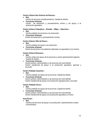 348
Centro Urbano San Antonio de Rancas.-
• Rol:
Centro de servicios complementarios. Capital de distrito.
• Funciones Urbanas:
Centro de extracción y procesamiento minero y de apoyo a la
producción ganadera.
Centro Urbano Colquijirca – Smelter – Milpo – Atacocha.-
• Rol:
Centro poblado de servicios a la producción.
• Funciones Urbanas:
Centro de extracción y procesamiento minero.
Centro Urbano Villa de Pasco.-
• Rol:
Centro poblado de apoyo a la producción.
• Funciones Urbanas:
Centro de servicios a la población dedicada a la ganadería y la minerìa.
Centro Urbano Ninacaca.-
• Rol:
Centro urbano de apoyo de la provincia y centro agroindustrial regional.
Capital de distrito.
• Funciones Urbanas:
Centro político, administrativo y de servicios de nivel distrital.
Centro residencial de apoyo a la producción ganadera, agrícola y
acuícola.
Centro Poblado Huachón.-
• Rol:
Centro poblado de apoyo de la provincia. Capital de distrito.
• Funciones Urbanas:
Centro político, administrativo y de servicios de nivel distrital.
Centro residencial de apoyo a la producción agropecuaria y acuícola.
Centro Poblado Vicco.-
• Rol:
Centro poblado de apoyo de la provincia. Capital de distrito.
• Funciones Urbanas:
Centro político, administrativo y de servicios de nivel distrital.
Centro residencial de apoyo a la producción ganadera y minera.
Area Rural.-
• Rol:
Centros de servicios de apoyo a la producción; asentamientos rurales
concentrados.
 