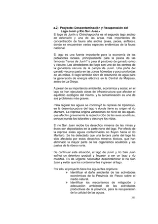391
a.2) Proyecto: Descontaminación y Recuperación del
Lago Junín y Río San Juan.-
El lago de Junín o Chinchaycocha es el segundo lago andino
en extensión y una de las áreas más importantes de
concentración de fauna alto andina (aves, peces, anfibios),
donde se encuentran varias especies endémicas de la fauna
nacional.
El lago es una fuente importante para la economía de los
pobladores locales, principalmente para la pesca de las
famosas "ranas de Junín" y para el pastoreo de ganado ovino
y vacuno. Los alrededores del lago son uno de los centros de
la ganadería vacuna de la pampa de Junín. Una parte del
ganado vacuno pasta en las zonas húmedas y poco profundas
de las orillas. El lago también sirve de reservorio de agua para
la generación de energía eléctrica en la Central de Malpaso,
antes de La Oroya.
A pesar de su importancia ambiental, económica y social, en el
lago se han ejecutado obras de infraestructura que afectan el
equilibrio ecológico del mismo, y la contaminación es uno de
sus problemas más graves.
Para regular las aguas se construyó la represa de Upamayo,
en la desembocadura del lago y donde tiene su origen el río
Mantaro. La represa origina variaciones de nivel de las aguas,
que afectan gravemente la reproducción de las aves acuáticas,
porque inunda los totorales y destruye los nidos.
El río San Juan recibe los desechos mineros de las minas y
éstos son depositados en la parte norte del lago. Por efecto de
la represa estas aguas contaminadas no fluyen hacia el río
Mantaro. Se ha detectado que una tercera parte del lago ha
sido afectada por estos desechos mineros tóxicos, que han
eliminado la mayor parte de los organismos acuáticos y los
pastos de la ribera norte.
De continuar esta situación, el lago de Junín y río San Juan
sufrirá un deterioro gradual y llegarán a ser un lago y río
muertos. Es de urgente necesidad descontaminar el río San
Juan y evitar que los contaminantes ingresen al lago.
Por ello, el proyecto tiene los siguientes objetivos:
Identificar el daño ambiental de las actividades
económicas de la Provincia de Pasco sobre el
medio natural.
Identificar los mecanismos de mitigación o
adecuación ambiental de las actividades
productivas de la provincia, para la recuperación
de la calidad de las aguas.
 