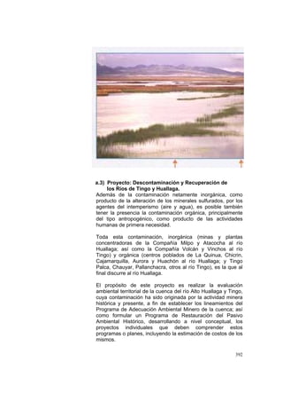 392
a.3) Proyecto: Descontaminación y Recuperación de
los Ríos de Tingo y Huallaga.
Además de la contaminación netamente inorgánica, como
producto de la alteración de los minerales sulfurados, por los
agentes del intemperismo (aire y agua), es posible también
tener la presencia la contaminación orgánica, principalmente
del tipo antropogénico, como producto de las actividades
humanas de primera necesidad.
Toda esta contaminación, inorgánica (minas y plantas
concentradoras de la Compañía Milpo y Atacocha al río
Huallaga; así como la Compañía Volcán y Vinchos al río
Tingo) y orgánica (centros poblados de La Quinua, Chicrin,
Cajamarquilla, Aurora y Huachón al río Huallaga; y Tingo
Palca, Chauyar, Pallanchacra, otros al río Tingo), es la que al
final discurre al río Huallaga.
El propósito de este proyecto es realizar la evaluación
ambiental territorial de la cuenca del río Alto Huallaga y Tingo,
cuya contaminación ha sido originada por la actividad minera
histórica y presente, a fin de establecer los lineamientos del
Programa de Adecuación Ambiental Minero de la cuenca; así
como formular un Programa de Restauración del Pasivo
Ambiental Histórico, desarrollando a nivel conceptual, los
proyectos individuales que deben comprender estos
programas o planes, incluyendo la estimación de costos de los
mismos.
 