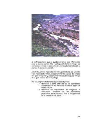 393
El perfil estadístico que se puede derivar de esta información
para la cuenca del río Alto Huallaga (tributario río Tingo) es
como sigue: minas en operación (4), minas abandonadas (6) y
plantas de concentración (2).
A la fecha, ambos ríos están muertos, por lo tanto, es urgente
y de necesidad pública, descontaminar las aguas de ambos
ríos para recuperar y preservar la vida acuática aguas debajo
de la gran cuenca del río Huallaga.
Por ello, el proyecto tiene los siguientes objetivos:
Identificar el daño ambiental de las actividades
económicas de la Provincia de Pasco sobre el
medio natural.
Identificar los mecanismos de mitigación o
adecuación ambiental de las actividades
productivas de la provincia, para la recuperación
de la calidad de las aguas.
 