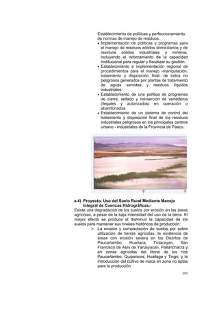 395
Establecimiento de políticas y perfeccionamiento
de normas de manejo de residuos:
• Implementación de políticas y programas para
el manejo de residuos sólidos domiciliarios y de
residuos sólidos industriales y mineros,
incluyendo el reforzamiento de la capacidad
institucional para regular y fiscalizar su gestión.
• Establecimiento e implementación regional de
procedimientos para el manejo -manipulación,
tratamiento y disposición final- de lodos no
peligrosos generados por plantas de tratamiento
de aguas servidas y residuos líquidos
industriales.
• Establecimiento de una política de programas
de cierre, sellado y reinserción de vertederos
(ilegales y autorizados) en operación o
abandonados.
• Establecimiento de un sistema de control del
tratamiento y disposición final de los residuos
industriales peligrosos en los principales centros
urbano - industriales de la Provincia de Pasco.
a.4) Proyecto: Uso del Suelo Rural Mediante Manejo
Integral de Cuencas Hidrográficas.-
Existe una degradación de los suelos por erosión en las áreas
agrícolas, a pesar de la baja intensidad del uso de la tierra. El
mayor efecto se produce al disminuir la capacidad de los
suelos para mantener sus niveles históricos de producción:
La erosión y compactación de suelos por sobre
utilización de tierras agrícolas; la existencia de
áreas con erosión severa en los Distritos de
Paucartambo, Huariaca, Ticlacayan, San
Francisco de Asís de Yarusyacan, Pallanchacra y
en zonas agrícolas del litoral de los ríos
Paucartambo, Quiparacra, Huallaga y Tingo; y la
introducción del cultivo de maca en zona no aptas
para la producción.
 