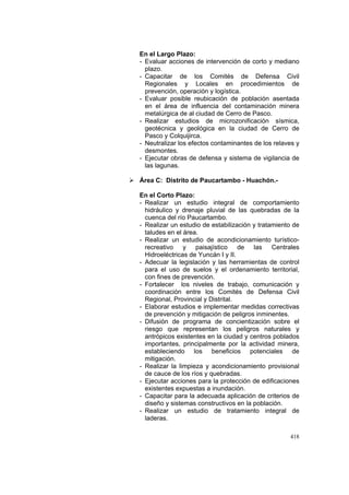 418
En el Largo Plazo:
- Evaluar acciones de intervención de corto y mediano
plazo.
- Capacitar de los Comités de Defensa Civil
Regionales y Locales en procedimientos de
prevención, operación y logística.
- Evaluar posible reubicación de población asentada
en el área de influencia del contaminación minera
metalúrgica de al ciudad de Cerro de Pasco.
- Realizar estudios de microzonificación sísmica,
geotécnica y geológica en la ciudad de Cerro de
Pasco y Colquijirca.
- Neutralizar los efectos contaminantes de los relaves y
desmontes.
- Ejecutar obras de defensa y sistema de vigilancia de
las lagunas.
Área C: Distrito de Paucartambo - Huachón.-
En el Corto Plazo:
- Realizar un estudio integral de comportamiento
hidráulico y drenaje pluvial de las quebradas de la
cuenca del río Paucartambo.
- Realizar un estudio de estabilización y tratamiento de
taludes en el área.
- Realizar un estudio de acondicionamiento turístico-
recreativo y paisajístico de las Centrales
Hidroeléctricas de Yuncán I y II.
- Adecuar la legislación y las herramientas de control
para el uso de suelos y el ordenamiento territorial,
con fines de prevención.
- Fortalecer los niveles de trabajo, comunicación y
coordinación entre los Comités de Defensa Civil
Regional, Provincial y Distrital.
- Elaborar estudios e implementar medidas correctivas
de prevención y mitigación de peligros inminentes.
- Difusión de programa de concientización sobre el
riesgo que representan los peligros naturales y
antrópicos existentes en la ciudad y centros poblados
importantes, principalmente por la actividad minera,
estableciendo los beneficios potenciales de
mitigación.
- Realizar la limpieza y acondicionamiento provisional
de cauce de los ríos y quebradas.
- Ejecutar acciones para la protección de edificaciones
existentes expuestas a inundación.
- Capacitar para la adecuada aplicación de criterios de
diseño y sistemas constructivos en la población.
- Realizar un estudio de tratamiento integral de
laderas.
 