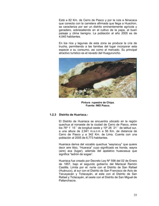 35
Está a 82 Km. de Cerro de Pasco y por la ruta a Ninacaca
que conecta con la carretera afirmada que llega a Huachon,
se caracteriza por ser un distrito eminentemente agrícola y
ganadero, sobresaliendo en el cultivo de la papa, el buen
paisaje y clima benigno. La población al año 2005 es de
4,040 habitantes.
En los ríos y lagunas de esta zona se produce la cría de
trucha, permitiendo a las familias del lugar incorporar esta
especie a su consumo, asi como al mercado. Su principal
atractivo turístico es el nevado del Huaguruncho.
Pintura rupestre de Chipa.
Fuente: INEI Pasco.
1.2.3 Distrito de Huariaca.-
El Distrito de Huariaca se encuentra ubicado en la región
quechua al noroeste de la ciudad de Cerro de Pasco, entre
los 76º 1´ 15´´ de longitud oeste y 10º 26 ´21´´ de latitud sur,
a una altura de 2,941 m.s.n.m a 56 Km. de distancia de
Cerro de Pasco y a 342 Km. de Lima. Cuenta con una
población al 2005 de 6,773 habitantes.
Huariaca deriva del vocablo quechua “wayracuy” que quiere
decir aire tibio, “Huaraca” cuyo significado es honda, wayra
(aire) aca (lugar), además del apelativo huascasua que
significa “ladrón de sogas”.
Huariaca fue creado por Decreto Ley Nº 598 del 02 de Enero
de 1857, bajo el segundo gobierno del Mariscal Ramón
Castilla. Limita por el: norte con el Distrito de San Rafael
(Huánuco), al sur con el Distrito de San Francisco de Asís de
Yarusyacán y Ticlacayán, al este con el Distrito de San
Rafael y Ticlacayán, al oeste con el Distrito de San Miguel de
Pallanchacra.
 